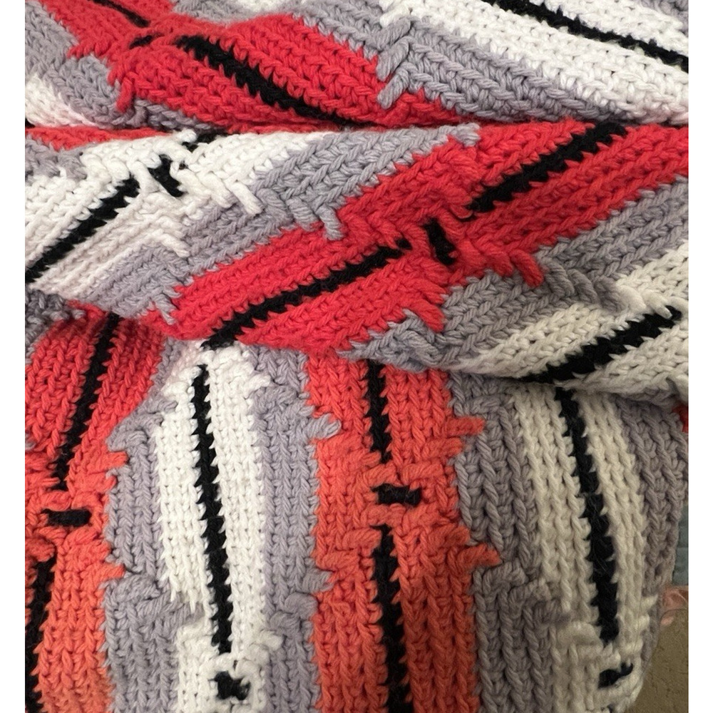 Handmade Crochet Afghan 52" x 68" Striped Red Gray White Couch Throw Blanket - Picture 5 of 6